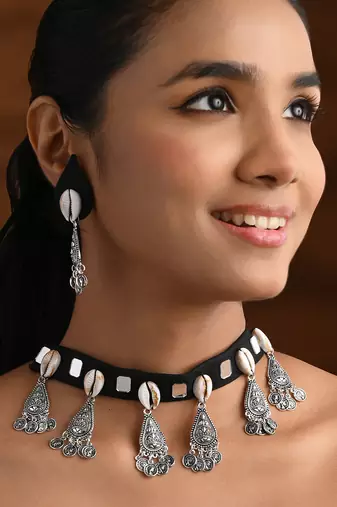 Oxidised shell motif navratri necklace set with earrings for women 