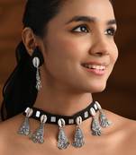 Oxidised shell motif navratri necklace set with earrings for women 