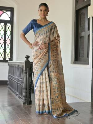 Blue madhubani print tussar silk blend saree with blouse 1