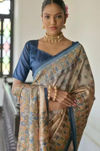 Blue color madhubani print tussar silk blend saree with blouse
