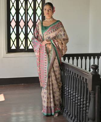 Green color madhubani print tussar silk blend saree with blouse 3