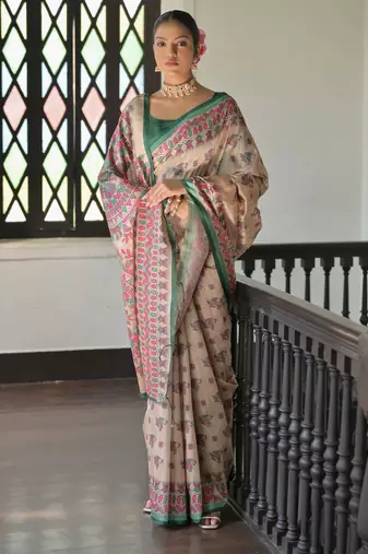 Green color madhubani print tussar silk blend saree with blouse