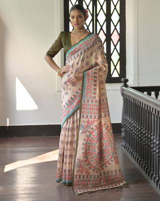 Mehandi color madhubani print tussar silk blend saree with blouse 1