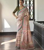 Mehandi color madhubani print tussar silk saree with blouse