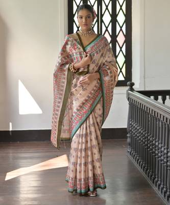 Mehandi color madhubani print tussar silk blend saree with blouse 3