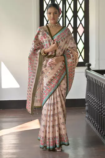 Mehandi color madhubani print tussar silk blend saree with blouse
