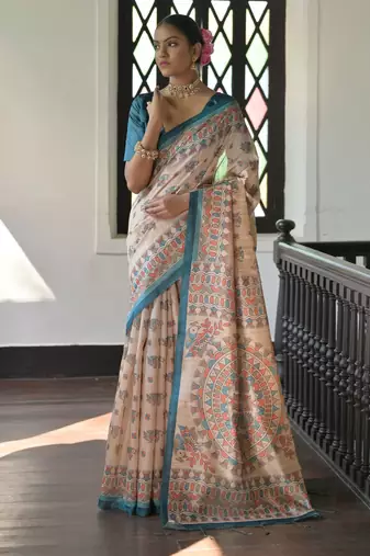 Sky blue color madhubani print tussar silk saree with blouse