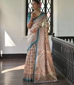 Sky blue color madhubani print tussar silk saree with blouse