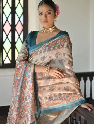 Sky blue color madhubani print tussar silk blend saree with blouse 3