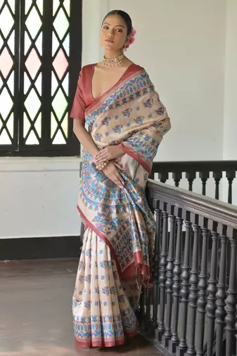 Red color madhubani print tussar silk blend saree with blouse