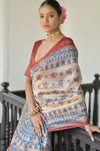 Red color madhubani print tussar silk blend saree with blouse