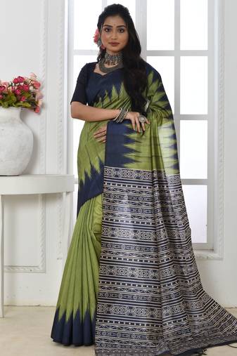 Mehandi color temple border tussar silk print saree with blouse