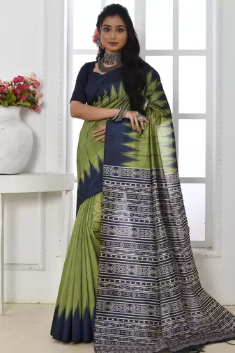 Mehandi color temple border tussar silk print saree with blouse