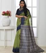 Mehandi color temple border tussar silk print saree with blouse