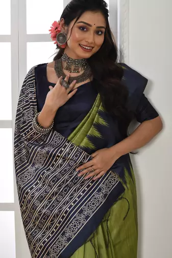 Mehandi color temple border tussar silk blend print saree with blouse