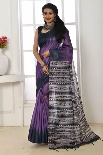 Purple color temple border tussar silk print saree with blouse