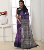 Purple color temple border tussar silk print saree with blouse