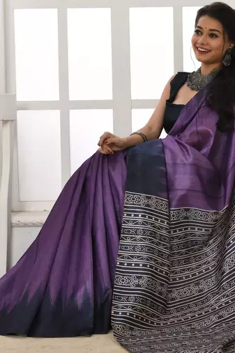 Purple color temple border tussar silk blend print saree with blouse