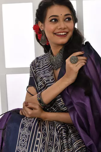 Purple color temple border tussar silk blend print saree with blouse