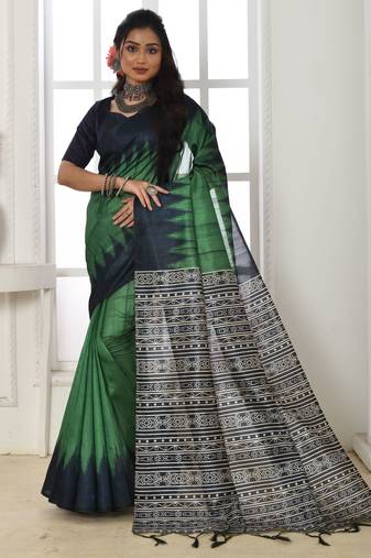 Green color temple border tussar silk print saree with blouse