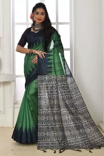Green color temple border tussar silk print saree with blouse