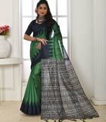 Green color temple border tussar silk print saree with blouse