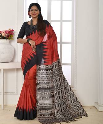 Red color temple border tussar silk blend print saree with blouse 1