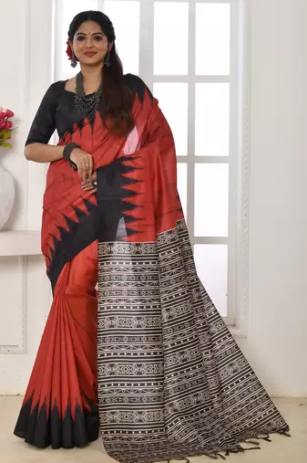 Red color temple border tussar silk print saree with blouse