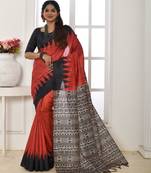 Red color temple border tussar silk print saree with blouse