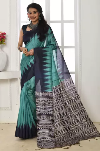 Sky color temple border tussar silk print saree with blouse