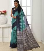 Sky color temple border tussar silk print saree with blouse