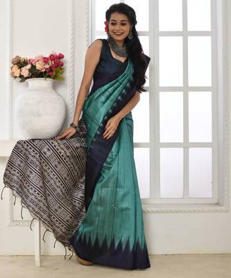 Sky color temple border tussar silk blend print saree with blouse 2