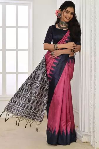 Pink color temple border tussar silk print saree with blouse