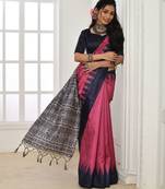 Pink color temple border tussar silk print saree with blouse