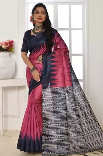Pink color temple border tussar silk blend print saree with blouse