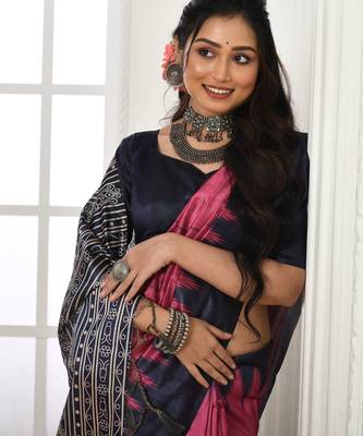 Pink color temple border tussar silk blend print saree with blouse 3