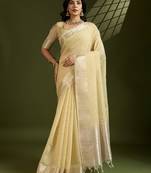 Chiku color gota-patti weaves checks body and tiny gold zari weave butties  tissue linen silk saree with blouse