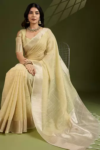 Chiku color gota-patti weaves checks body and tiny gold zari weave butties  tissue linen silk blend saree with blouse