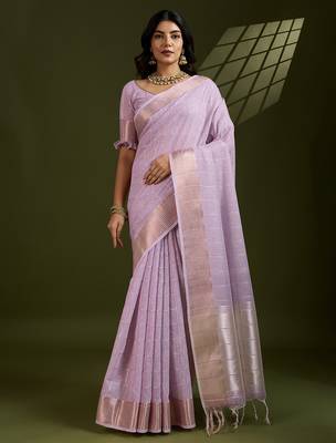 Purple color gota-patti weaves checks body and tiny gold zari weave butties  tissue linen silk blend saree with blouse 1