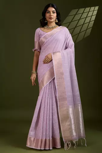 Purple color gota-patti weaves checks body and tiny gold zari weave butties  tissue linen silk saree with blouse