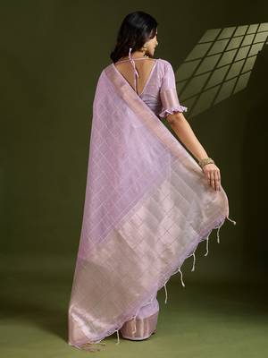 Purple color gota-patti weaves checks body and tiny gold zari weave butties  tissue linen silk blend saree with blouse 2