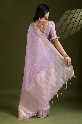 Purple color gota-patti weaves checks body and tiny gold zari weave butties  tissue linen silk blend saree with blouse