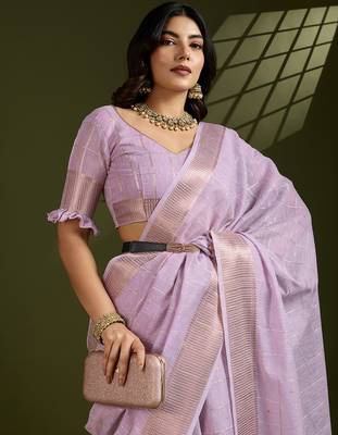 Purple color gota-patti weaves checks body and tiny gold zari weave butties  tissue linen silk blend saree with blouse 3