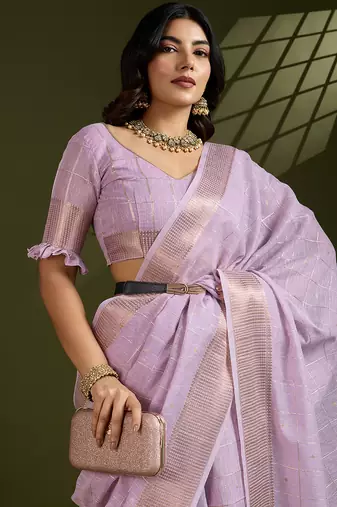 Purple color gota-patti weaves checks body and tiny gold zari weave butties  tissue linen silk blend saree with blouse