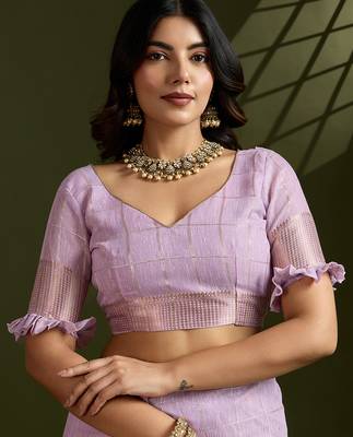Purple color gota-patti weaves checks body and tiny gold zari weave butties  tissue linen silk blend saree with blouse 4