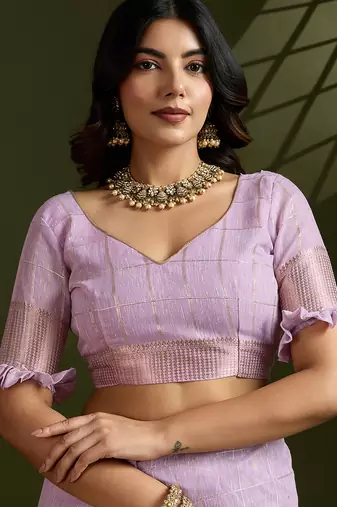 Purple color gota-patti weaves checks body and tiny gold zari weave butties  tissue linen silk blend saree with blouse