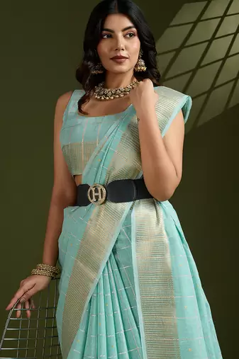 Sky blue color gota-patti weaves checks body and tiny gold zari weave butties  tissue linen silk blend saree with blouse