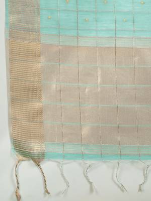 Sky blue color gota-patti weaves checks body and tiny gold zari weave butties  tissue linen silk blend saree with blouse 5