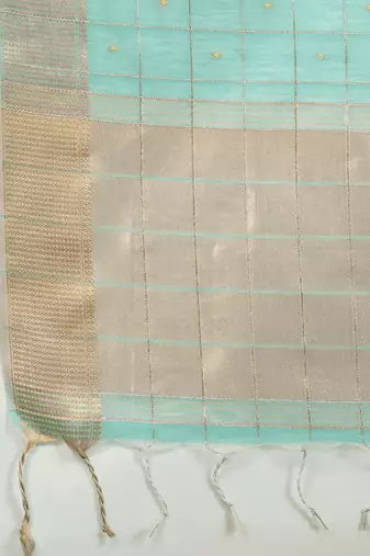 Sky blue color gota-patti weaves checks body and tiny gold zari weave butties  tissue linen silk blend saree with blouse