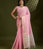 Pink color gota-patti weaves checks body and tiny gold zari weave butties  tissue linen silk saree with blouse